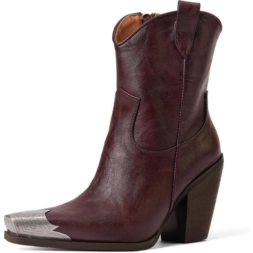 Women Brown Fabric Faux Leather Engraved Steel Toe Western Cowboy Ankle Boots
